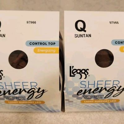 Leggs Sheer Energy SIZE Q Energizing Tights SUNTAN Light Support 2 PAIRS 97966